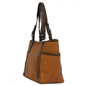 Tote Bag - 2-Side Pockets Leather-like Tote w/ Whipped & Buckled Straps - Brown - BG-MB1714BN